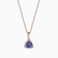 The Nahla Siri 14K Rose Gold Tanzanite & Diamond Pendant (0.72 TCW) features a triangular tanzanite surrounded by diamonds, shown on a white background.