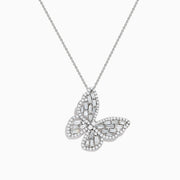 The Nature 14K White Gold Diamond Butterfly Pendant features sparkling baguette and round-cut diamonds on a fine chain, displayed against a white background.
