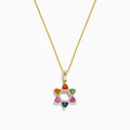 14K Gold Multi Sapphire & Diamond Star of David Pendant (1.96 TCW) features a modern design with colorful gemstones and sparkling sapphires on each point, displayed on a gold chain against a white background.