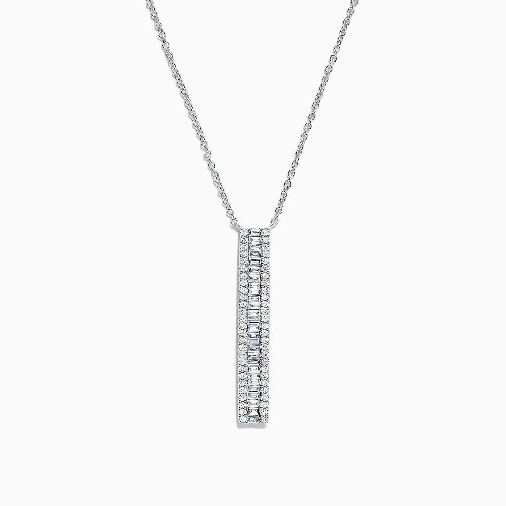 The Classique 14K White Gold Diamond Vertical Necklace, 0.61 TCW, showcases a sleek white gold chain and a vertical rectangular pendant adorned with a row of brilliant diamonds down the center.