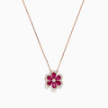 The Nature 14K Rose Gold Ruby and Diamond Flower Necklace (1.91 TCW) features a flower pendant with six ruby petals, each outlined by sparkling diamonds.
