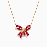 The Ruby Royale 14K Rose Gold Ruby and Diamond Bow Necklace (2.97 TCW) features a bow-shaped pendant adorned with vivid rubies and sparkling diamonds, suspended from a delicate rose gold chain against a white background.
