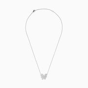 The 14K White Gold Diamond Butterfly Necklace features a butterfly-shaped pendant adorned with sparkling diamonds, elegantly suspended from a fine chain for a delicate, symmetrical look.