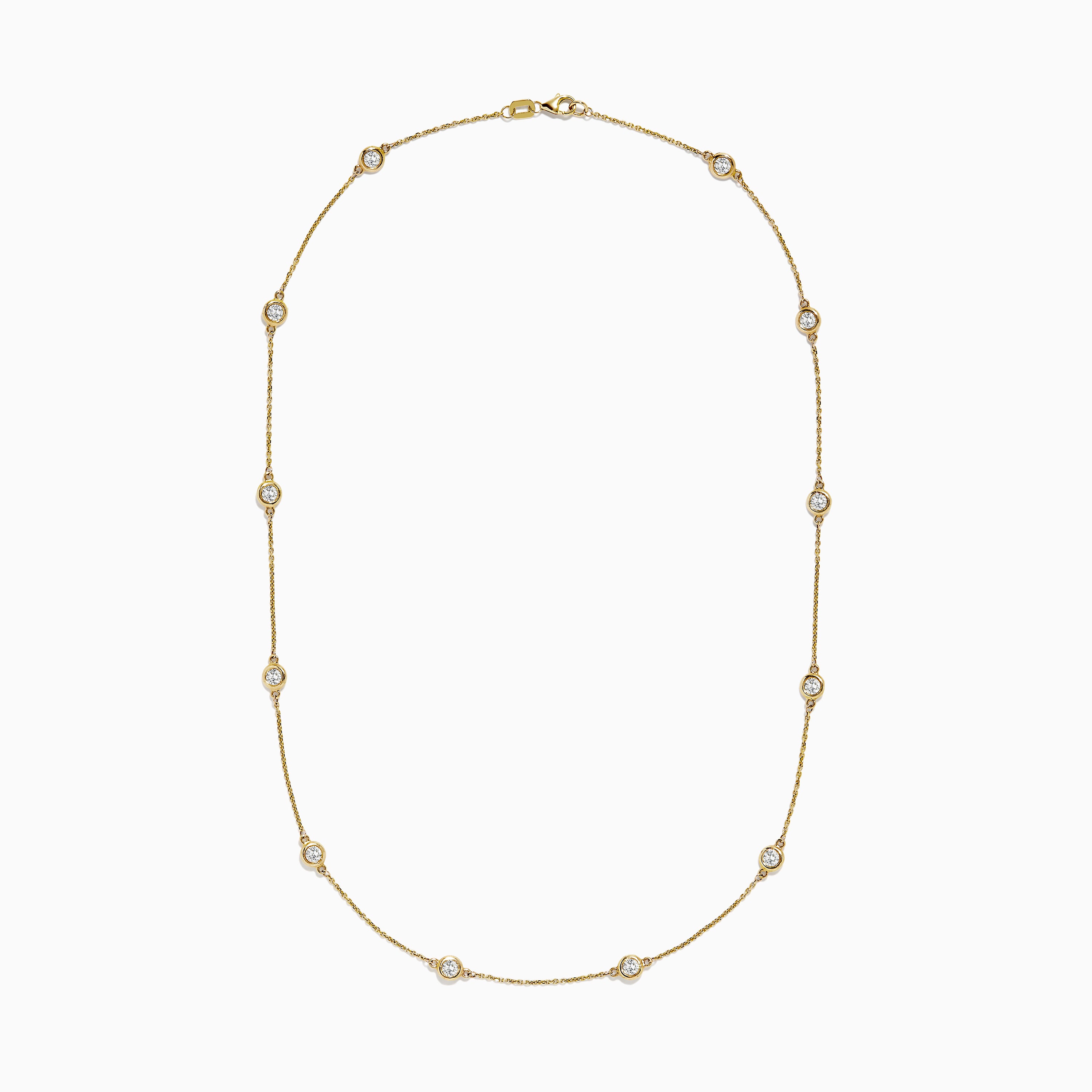 The D’Oro 14K Yellow Gold Diamond Station Necklace features evenly spaced bezel-set diamonds totaling 1.50 TCW, each set in a small gold frame along the chain, displayed on a plain white background.