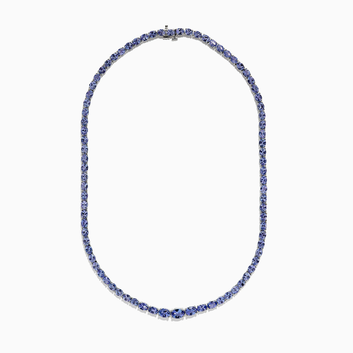 A close-up of the Nahla Siri Sterling Silver Tanzanite Necklace, 27.69 TCW, showcasing a continuous strand of round, faceted blue tanzanite gemstones set symmetrically against a white background.