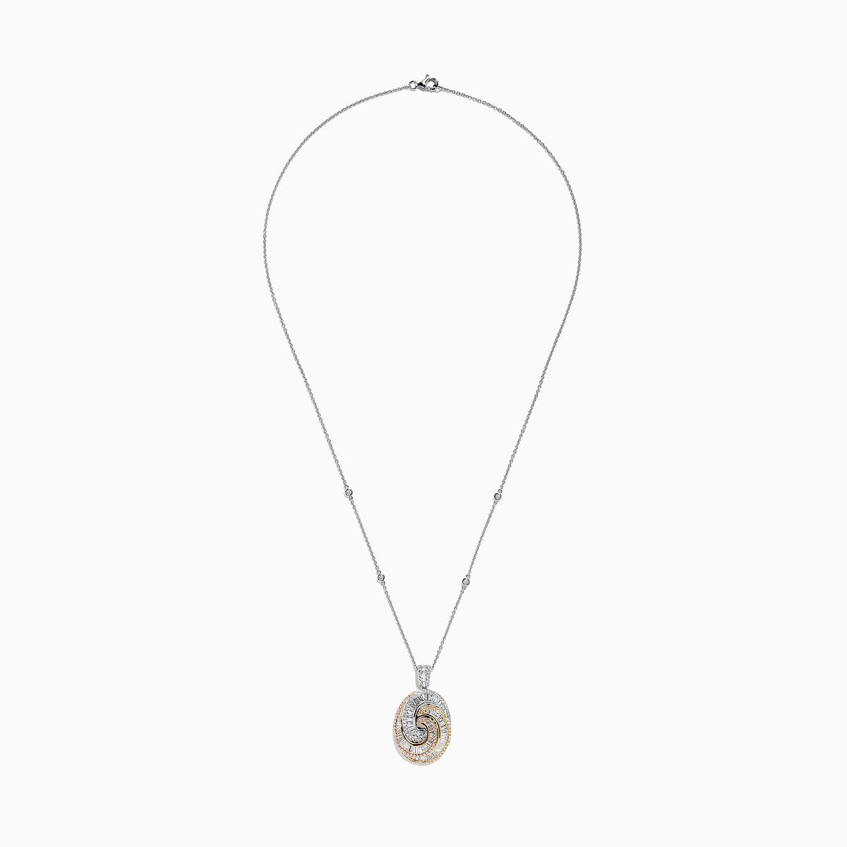 The Trio 14K Tri Color Gold Diamond Swirl Pendant, 1.28 TCW, features an intricate spiral of diamonds in three gold tones, gracefully suspended from a fine silver chain.