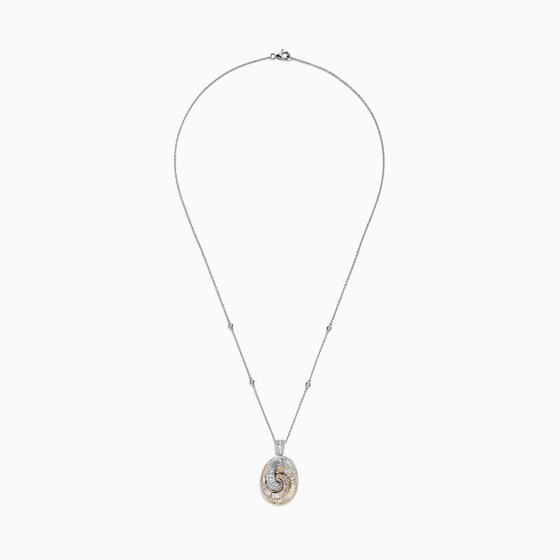 The Trio 14K Tri Color Gold Diamond Swirl Pendant, 1.28 TCW, features an intricate spiral of diamonds in three gold tones, gracefully suspended from a fine silver chain.