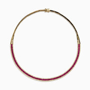 The Ruby Royale 14K Yellow Gold Ruby and Diamond Collar Necklace, 11.31 TCW, features a row of square-cut red rubies bordered by white diamonds at the front and a plain gold back for classic elegance.