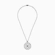 The Pave Classica 14K White Gold Diamond Pendant features a circular filigree design adorned with diamonds totaling 1.32 TCW, set in a delicate white gold pendant.