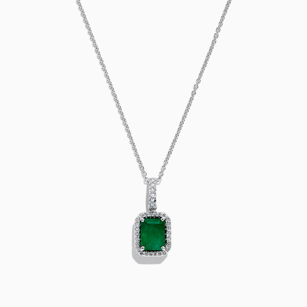The Brasilica 14K White Gold Emerald and Diamond Pendant, 1.55 TCW, features a rectangular emerald accented by clear diamonds, showcased on a white background.