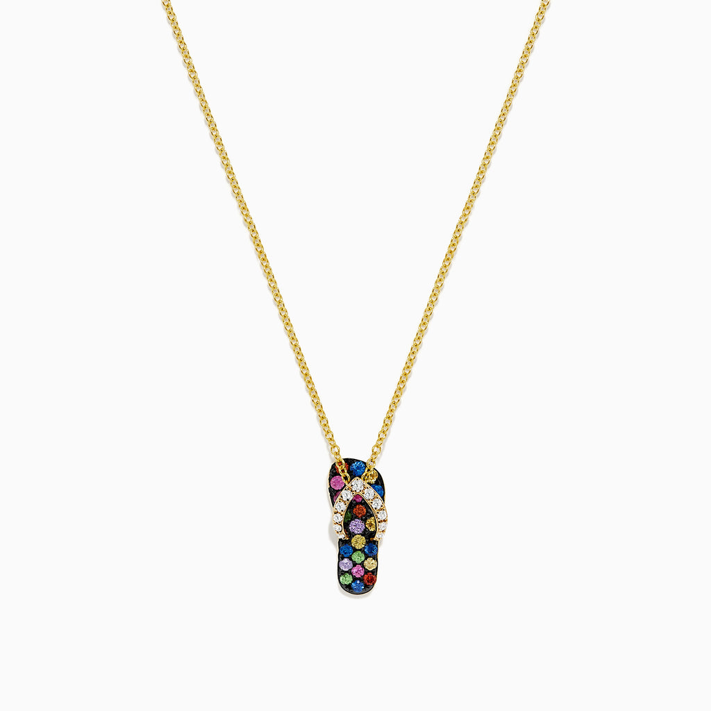 A 14K gold Multi Sapphire and Diamond Flip Flop Pendant (0.53 TCW) is centered on a white background, showcasing vibrant sapphires and sparkling diamonds in an elegant necklace design.