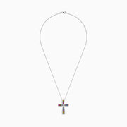 The Watercolors 14K White Gold Multi Sapphire and Diamond Cross Pendant shines on a white gold chain, featuring vibrant sapphires and sparkling diamonds, shown against a white background.