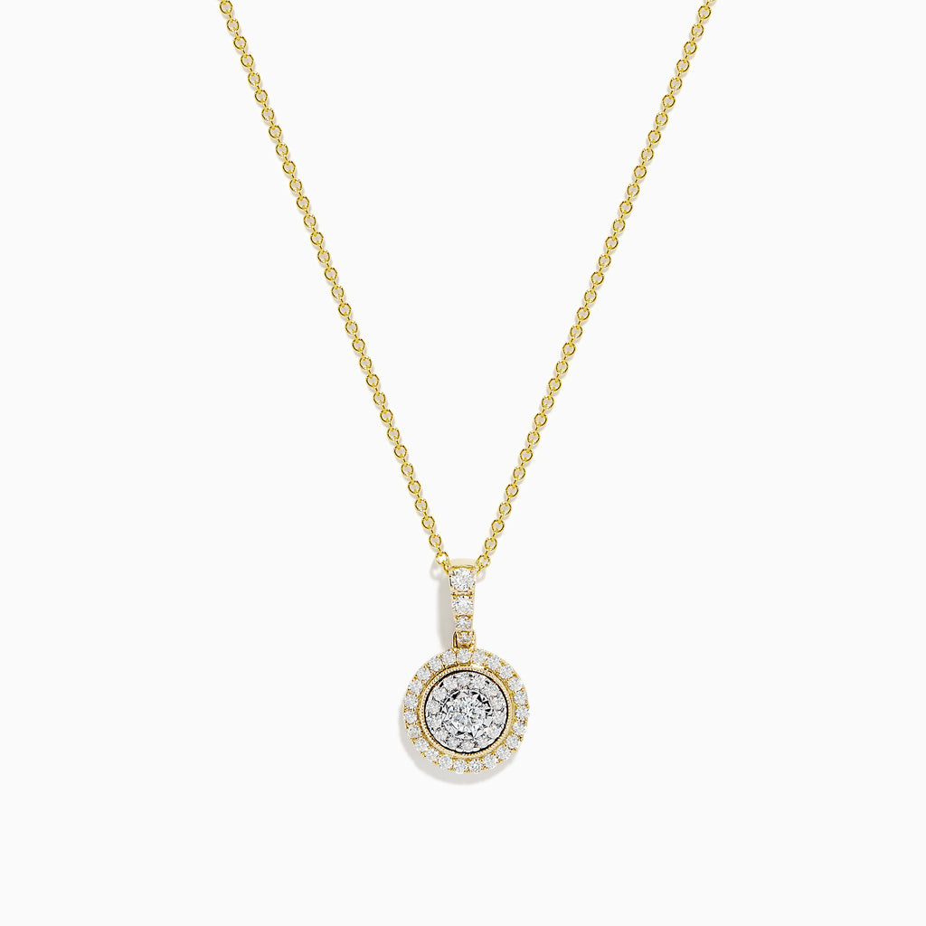 The Duo 14K Two Tone Gold Diamond Halo Pendant (0.42 TCW) features concentric diamond halos and additional diamonds on the bail, suspended from a 14K gold chain.