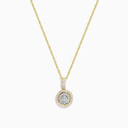 The Duo 14K Two Tone Gold Diamond Halo Pendant (0.42 TCW) features concentric diamond halos and additional diamonds on the bail, suspended from a 14K gold chain.