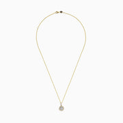The Duo 14K Two Tone Gold Diamond Halo Pendant (0.42 TCW) features concentric diamond halos and additional diamonds on the bail, suspended from a 14K gold chain.
