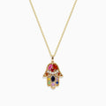 The Watercolors 14K Multi Sapphire and Diamond Hamsa Pendant is a gold chain necklace adorned with colorful sapphires in red, pink, green, blue, yellow, and sparkling diamond accents for intricate detail.