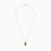 The Watercolors 14K Multi Sapphire and Diamond Hamsa Pendant is a gold chain necklace adorned with colorful sapphires in red, pink, green, blue, yellow, and sparkling diamond accents for intricate detail.