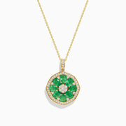 The Brasilica 14K Yellow Gold Emerald and Diamond Pendant features a flower-inspired design with emerald petals, diamond accents, and a fine gold chain.