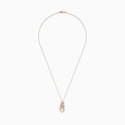 The 14K Rose Gold Diamond Crossover Pendant features an intricate design with sparkling diamonds, showcased on a rose gold chain against a white background.