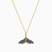 The Seaside 14K Gold Sapphire & Diamond Whales Tail Pendant features 0.82 TCW of stones, with sapphire accents and a row of clear diamonds at the center, all set on a gold chain against a white background.