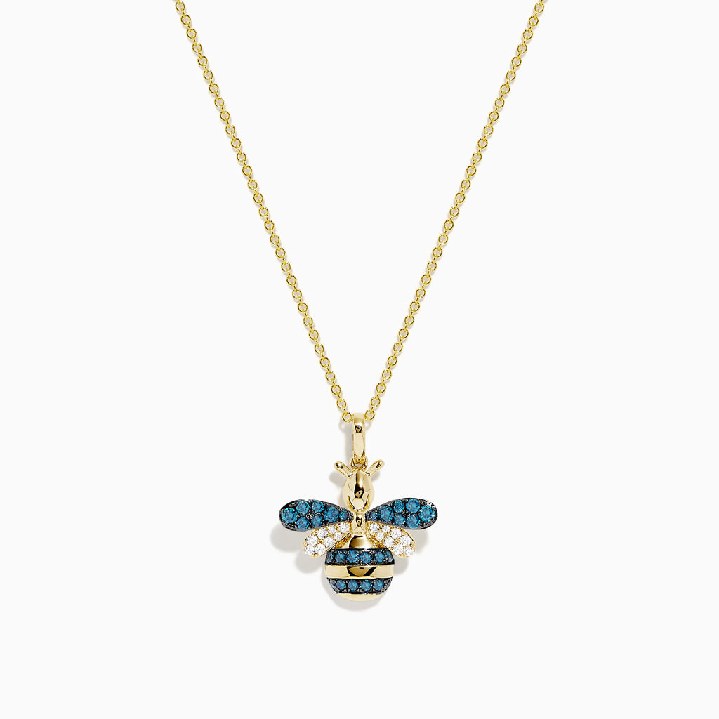 14K Yellow Gold Blue and White Diamond Bee Pendant featuring a bee-shaped design with blue and white diamond gemstones and black accents on the wings and body, showcased against a plain white background.