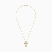 The Watercolors 14K Gold Multi Sapphire and Diamond Cross Pendant features vibrant sapphires set in vertical and horizontal rows, accented by sparkling white stones on a classic 14K gold chain necklace.