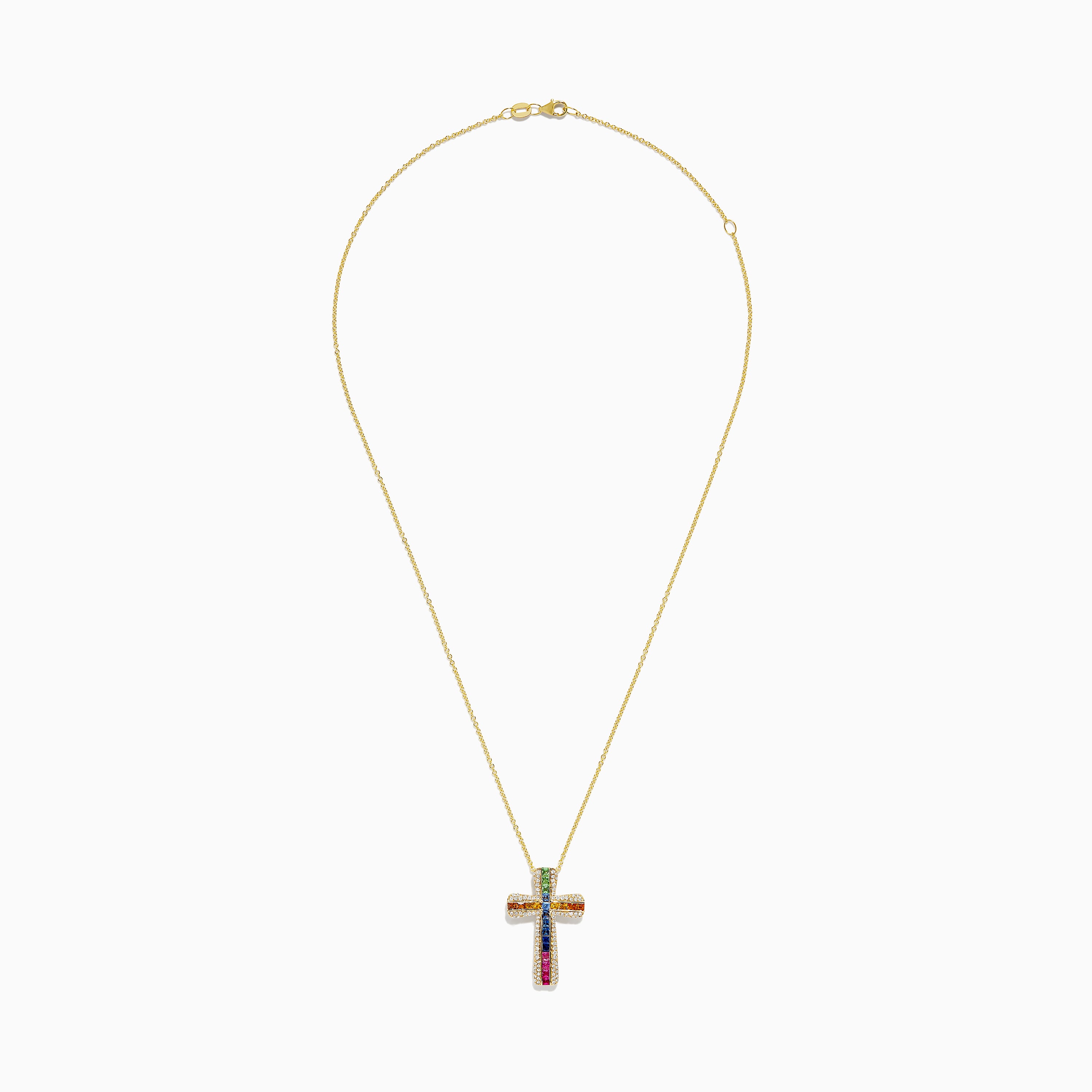 The Watercolors 14K Gold Multi Sapphire and Diamond Cross Pendant features vibrant sapphires set in vertical and horizontal rows, accented by sparkling white stones on a classic 14K gold chain necklace.