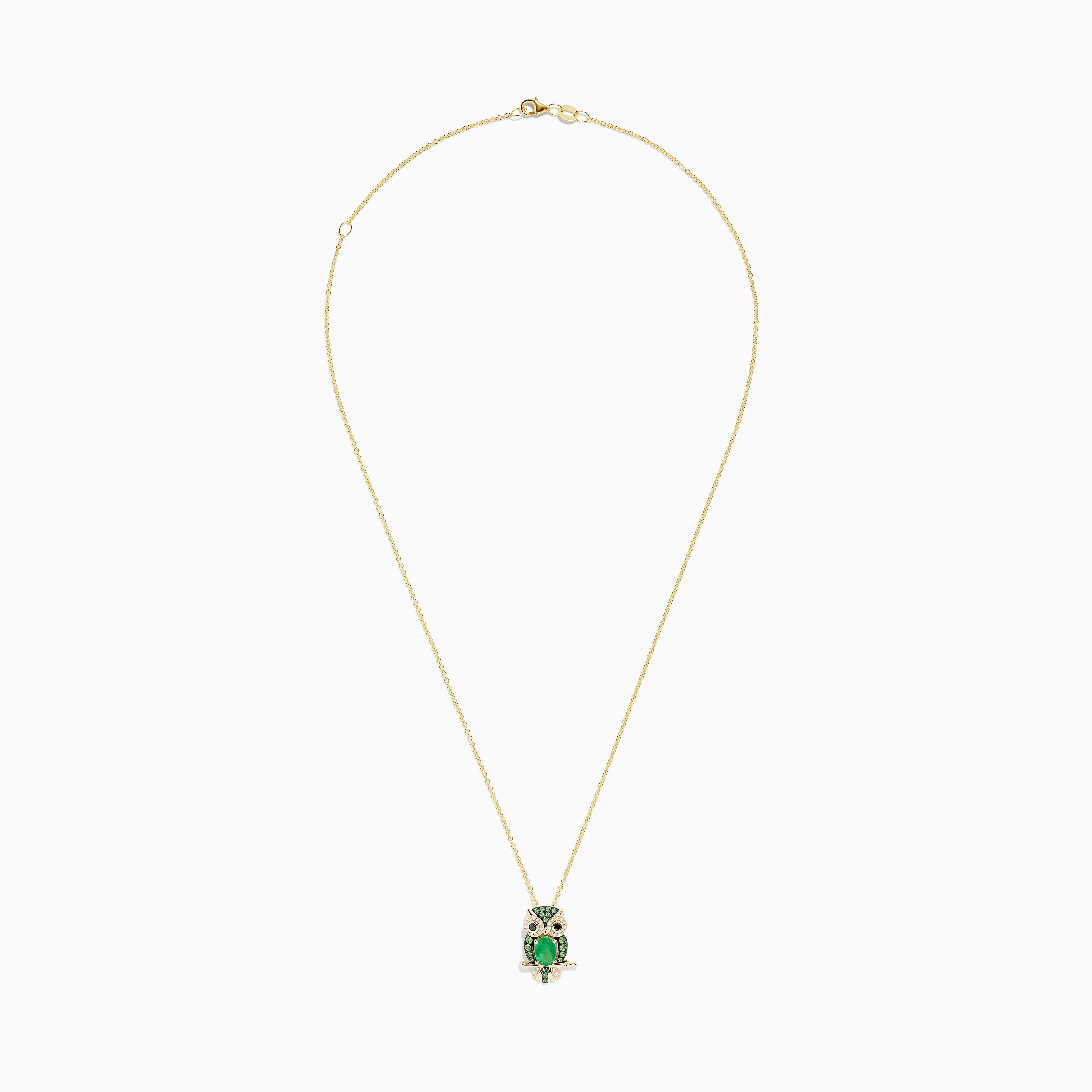 The Safari 14K Yellow Gold Emerald and Diamond Owl Pendant features a gold chain and owl design with an emerald-hued center gem and sparkling diamond accents on a gold branch.