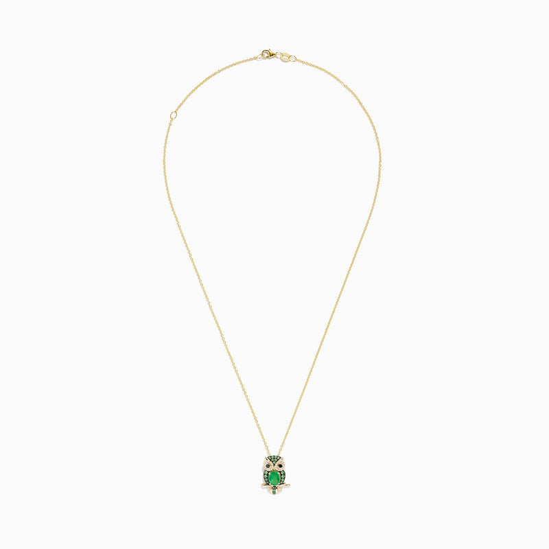 The Safari 14K Yellow Gold Emerald and Diamond Owl Pendant features a gold chain and owl design with an emerald-hued center gem and sparkling diamond accents on a gold branch.