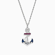 The Sterling Silver Sapphire, Ruby & Diamond Anchor Pendant (0.20 TCW) is shown on a twisted silver chain, displayed against a white background.