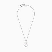 The Sterling Silver Sapphire, Ruby & Diamond Anchor Pendant (0.20 TCW) features a delicate anchor design accented by sapphires, rubies, and a diamond. Displayed on a plain white background with a fine silver chain.