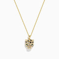 The Signature 14K Yellow Gold Black and White Diamond Panther Pendant is a chain necklace with a stylized panther design, featuring black and white diamonds and green gemstones, displayed against a white background.