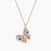 The Watercolors 14K Rose Gold Multi Sapphire and Diamond Butterfly Pendant features blue, green, orange, and purple sapphires accented by sparkling diamonds on a delicate chain. This eye-catching necklace is stunningly vibrant.