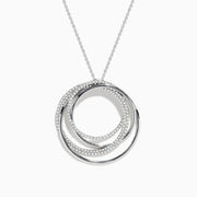 The Pave Classica 14K White Gold Diamond Crossover Pendant showcases three interlocking circles, two adorned with diamonds totaling 0.70 carats, on a delicate chain for a sophisticated look.