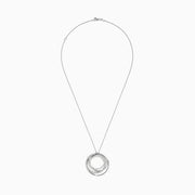 The Pave Classica 14K White Gold Diamond Crossover Pendant showcases three interlocking circles, two adorned with diamonds totaling 0.70 carats, on a delicate chain for a sophisticated look.