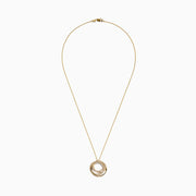 The DOro 14K Yellow Gold Diamond Crossover Circles Pendant (0.41 TCW) features three interlocking circles, two accented with shimmering diamonds, displayed elegantly against a white background.