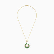 The Brasilica 14K Yellow Gold Emerald and Diamond Pendant features a curved design with marquise-cut emeralds and sparkling diamonds, suspended from a delicate gold chain.