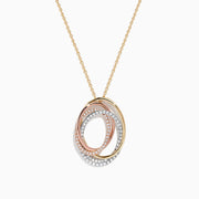 The Trio 14K Tri Tone Gold Diamond Oval Crossover Pendant features three interlocking oval pendants in yellow, white, and rose gold with sparkling diamonds totaling 0.43 TCW.