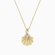 The Seaside 14K Yellow Gold Scallop Shell Pendant is a necklace with a thin chain and a textured, scallop shell-shaped pendant.