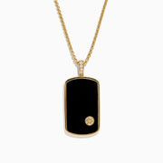 The Mens 14K Yellow Gold Onyx and Diamond Dog Tag Pendant, 1.00 TCW, features a rectangular onyx with gold edges, a small gold emblem at the base, and three diamonds set on the bail.