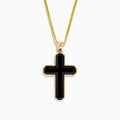 The Mens 14K Yellow Gold Onyx Cross Pendant features a yellow gold chain with an onyx cross outlined in gold, shown against a plain white background.