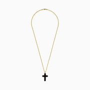 The Mens 14K Yellow Gold Onyx Cross Pendant features a yellow gold chain with an onyx cross outlined in gold, shown against a plain white background.