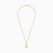 Mens 14K yellow gold diamond anchor pendant, 0.11 TCW, features an anchor and cross design with sparkling stones on the lower sides, suspended from a classic medium-link gold chain.