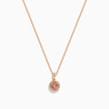 The Blush 14K Rose Gold Diamond and Morganite Pendant features a small, round morganite accented with sparkling diamonds on a delicate rose gold chain, shown on a white background.