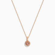 The Blush 14K Rose Gold Diamond and Morganite Pendant features a small, round morganite accented with sparkling diamonds on a delicate rose gold chain, shown on a white background.