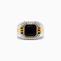Mens Sterling Silver Onyx and Diamond Ring, 2.60 TCW, featuring a square-cut onyx set in gold and sterling silver with small clear diamonds in a bold geometric design.