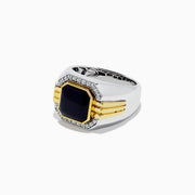 Mens Sterling Silver Onyx and Diamond Ring, 2.60 TCW, featuring a square-cut onyx set in gold and sterling silver with small clear diamonds in a bold geometric design.