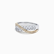 The 14K White and Yellow Gold Diamond Crossover Ring, 1.00 TCW, features rows of white diamonds on a silver band intertwined with a 14K gold band adorned with diamonds, displayed against a white background.