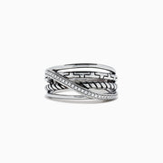 The 925 Sterling Silver Diamond Crossover Ring, 0.08 TCW, features multiple overlapping bands—one adorned with sparkling diamonds—shown on a plain white background.