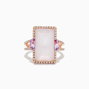The 14K Rose Gold Pink Rose Quartz, Pink Amethyst and Diamond Ring showcases a large rectangular rose quartz center, pink amethyst accents, and sparkling diamonds outlining the stone and band, all displayed on a white background.